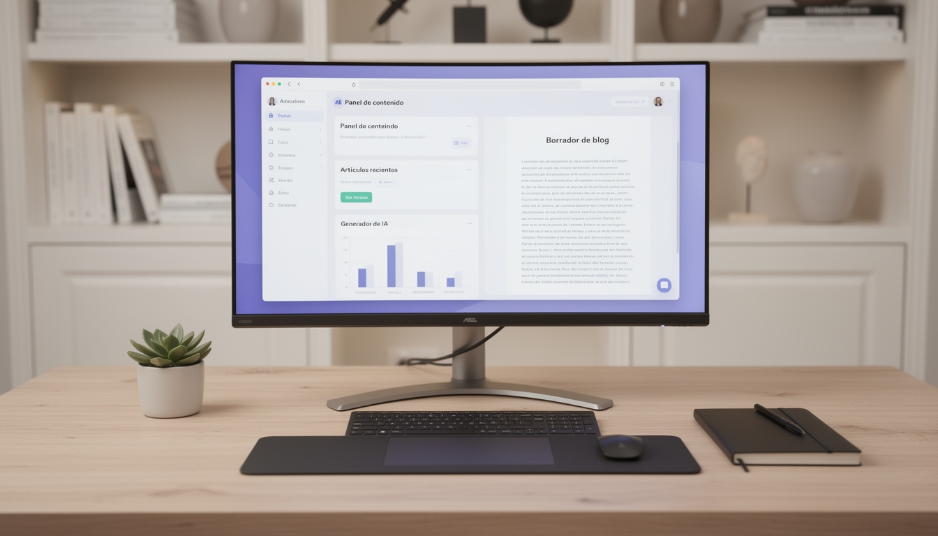 Espacio de trabajo moderno con herramientas de creación de contenido con inteligencia artificial